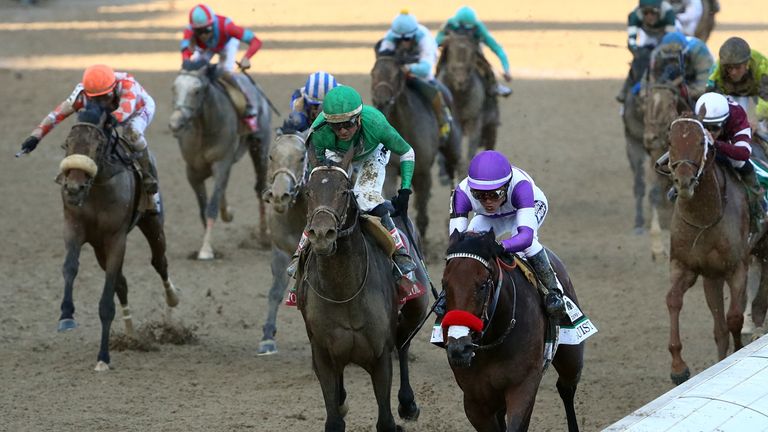 Nyquist ridden by Mario Gutierrez crosses the finish line to win the 142nd running of the Kentucky Derby at Churchill Downs