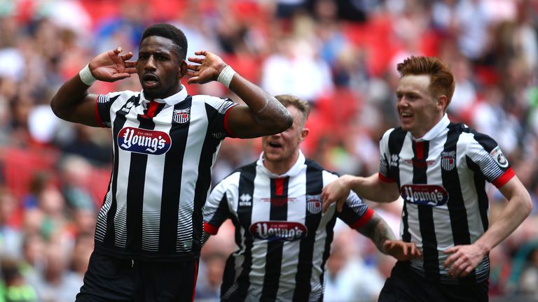 LONDON, ENGLAND - MAY 15: Grimsby's Omar Bogle celebrates after scoring his and the teams second goal of the game during the Vanarama Football Conference L