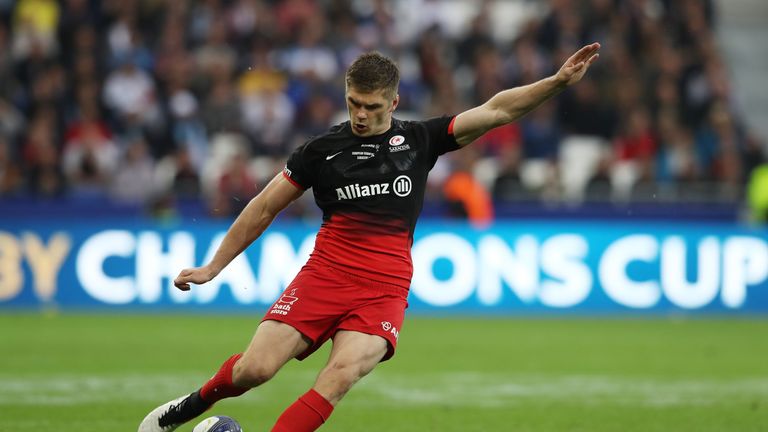 Owen Farrell of Saracens kicks a penalty to open the scoring during the Champions Cup Final