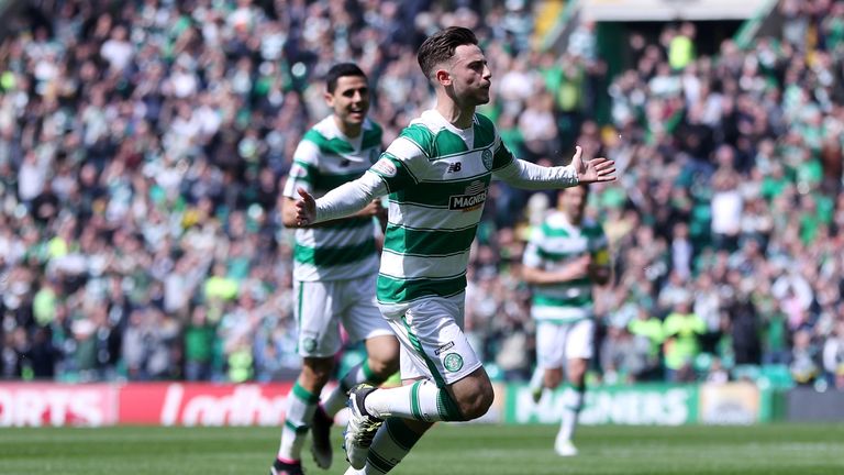 Patrick Roberts of Celtic celebrates scoring his side's first goal against Aberdeen