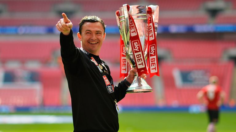 Manager of Barnsley FC, Paul Heckingbottom celebrates after winning the the Sky Bet League One Play Off Final against Millwall.