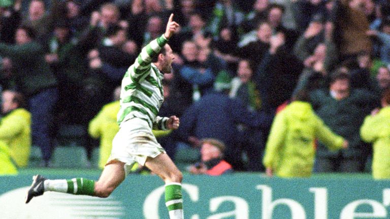 Paul Lambert celebrates a vital goal for Celtic on his way to winning his first SPL title