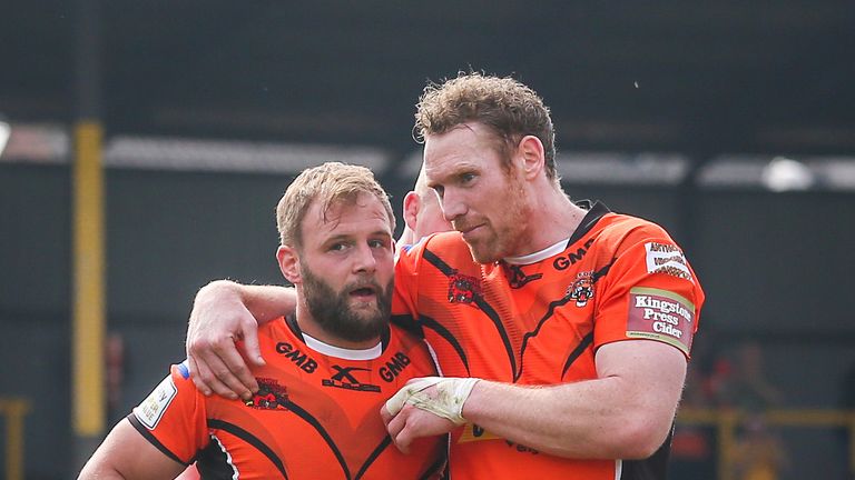 Ladbrokes Challenge Cup - Castleford Tigers v Salford Red Devils - Castleford's Paul McShane (L) is congratulated on his try by Joel Monaghan (R).