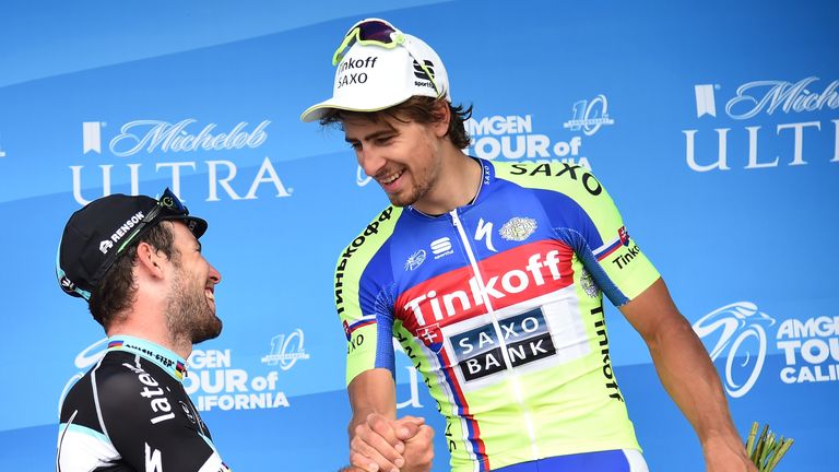 PASADENA, CA - MAY 17:  Peter Sagan of Slovakia riding for Tinkoff - Saxo shakes hands with Mark Cavendish of Great Britain riding for Etixx - Quickstep to