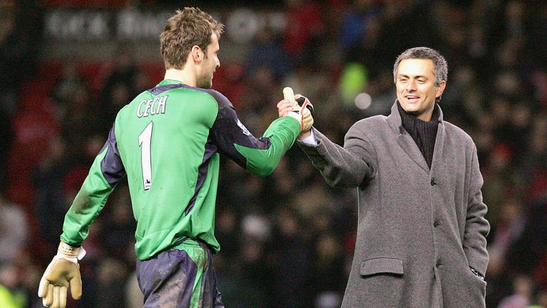 Jose Mourinho of Chelsea congratulates Petr Cech at end of the Carling Cup semi-final second leg between Manchester United at Old Trafford January 26, 2005