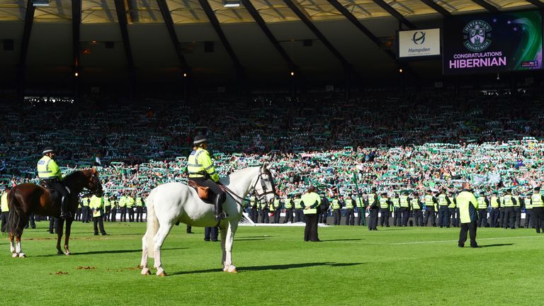 Police horses were needed to restore order at Hampden following the pitch invasion by Hibernian fans