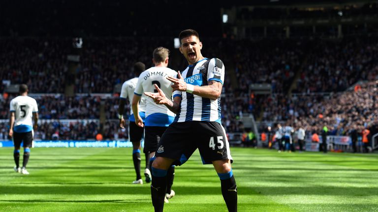 Aleksandar Mitrovic of Newcastle United celebrates scoring his team's second goal against Tottenham