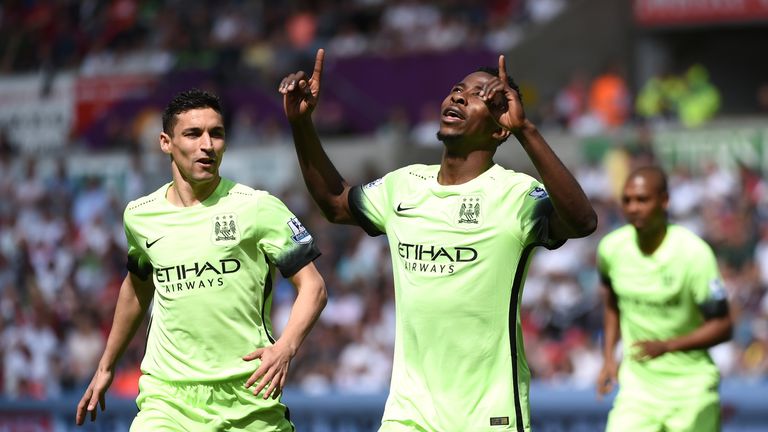 Kelechi Iheanacho of Manchester City celebrates scoring his team's first goal against Swansea