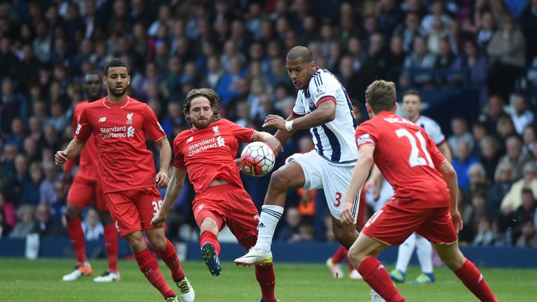 Salomon Rondon of West Bromwich Albion controls the ball under pressure of Liverpool defence during the Barclays Premier League
