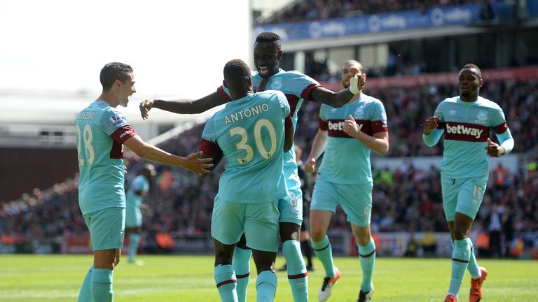 Michail Antonio of West Ham celebrates scoring his team's first goal against Stoke