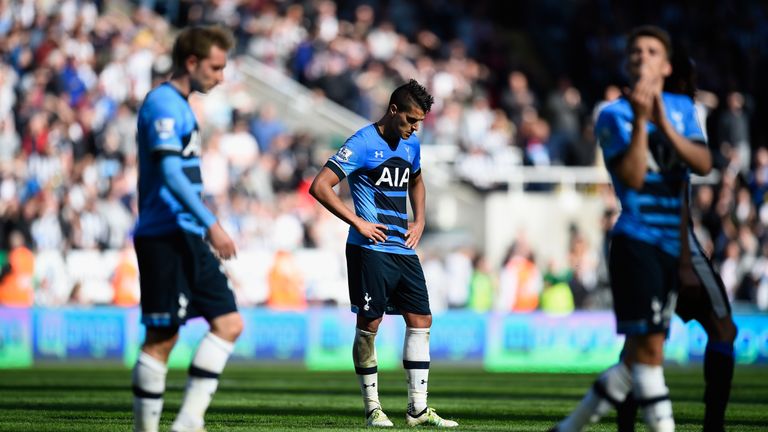 Erik Lamela (centre) of Tottenham Hotspur looks dejected after  the Premier League match between Newcastle United and Tottenham