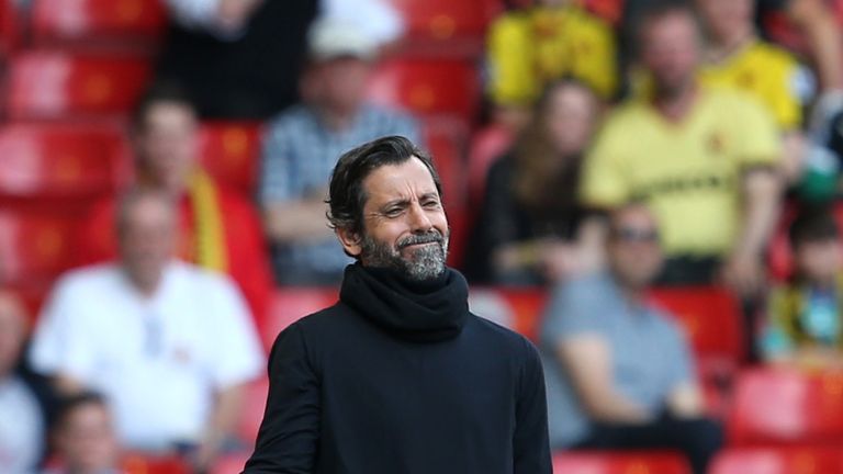 Quique Sanchez Flores manager of Watford reacts from the touchline during the Premier League defeat to Liverpool