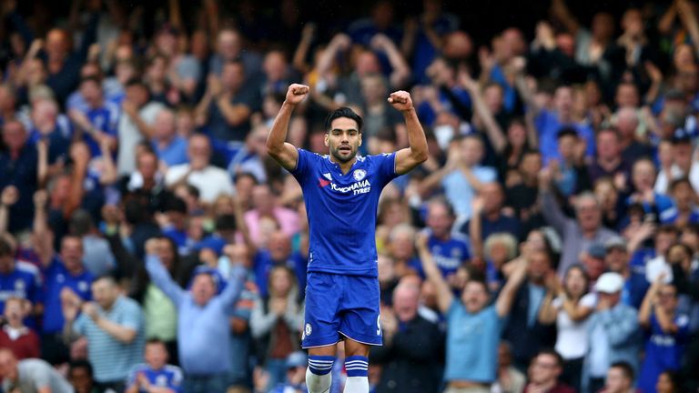 Radamel Falcao Garcia of Chelsea celebrates scoring his team's first goal during the Barclays Premier League match between Ch