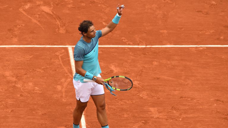 PARIS, FRANCE - MAY 24:  Rafael Nadal of Spain celbrates following his victory during the Men's Singles first round match against Sam Groth of Australia on