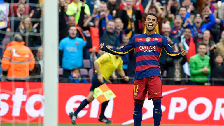Barcelona's Brazilian midfielder Rafinha celebrates after scoring with his first touch against Espanyol
