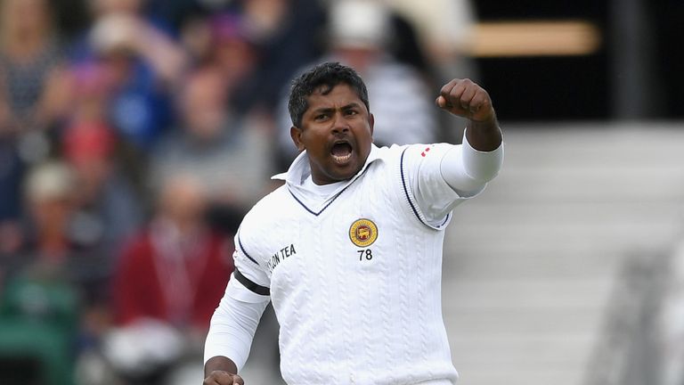 Rangana Herath of Sri Lanka celebrates dismissing Alex Hales of England during day two of the 1st Investec Test match at Headingley