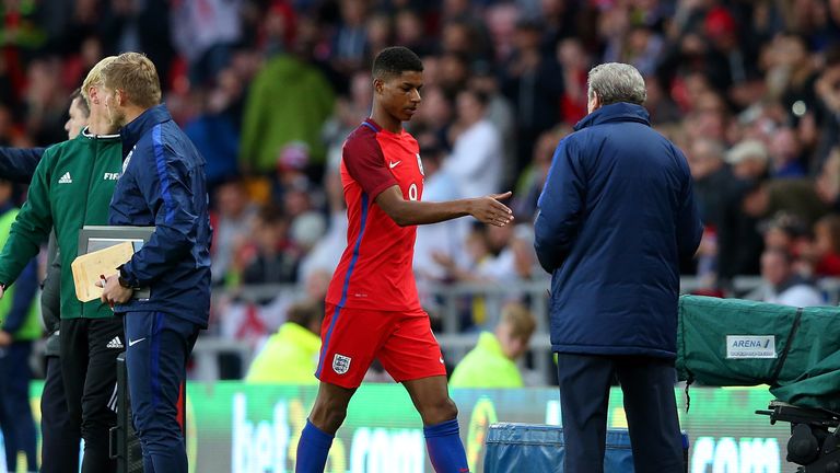 SUNDERLAND, ENGLAND - MAY 27:  Marcus Rahsford of England shakes hands with England manager Roy Hodgson after being substituted during the International Fr