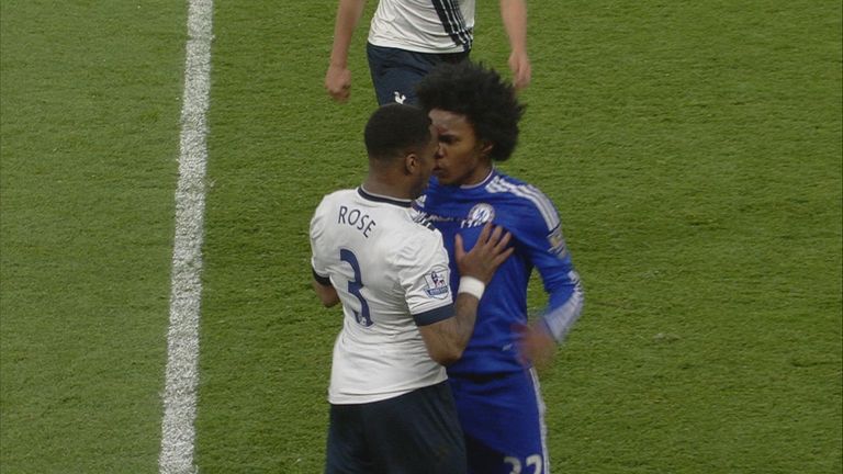 Danny Rose and Willian square up to each other after a bad tackle from the Tottenham full-back