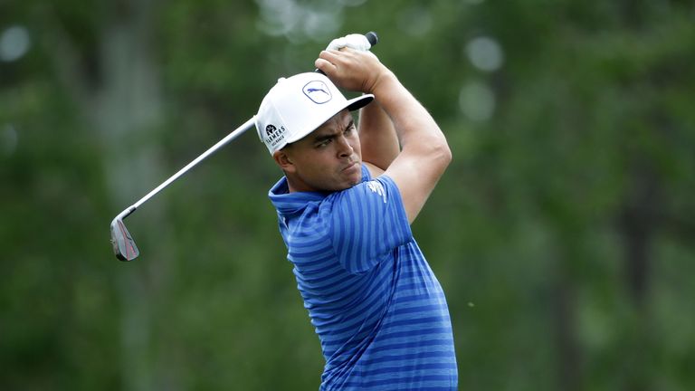 CHARLOTTE, NC - MAY 06:  Rickie Fowler hits his tee shot on the ninth hole during the second round of the Wells Fargo Championship at Quail Hollow Club on 