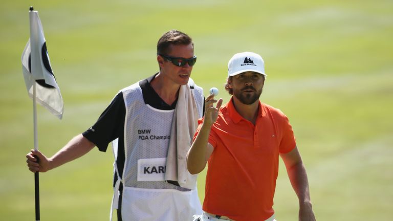 Rikard Karlberg of Sweden celebrates on the 17th green during day four of the BMW PGA Championship at Wentworth