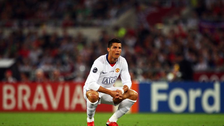 ROME - MAY 27:  Cristiano Ronaldo of Manchester United reacts during the UEFA Champions League Final match between Barcelona and Manchester United at the S