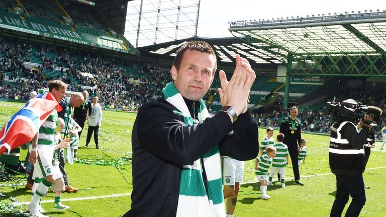 Ronny Deila applauds the fans at the end of his final game at Celtic Park