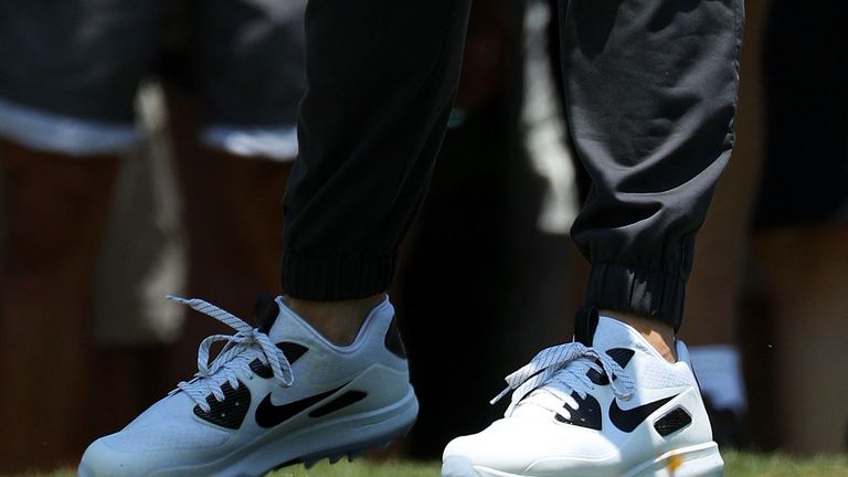 A detail of the shoes and pants of Rory McIlroy of Northern Ireland on the second tee during the first round of THE PLAYERS Championship at TPC Sawgrass