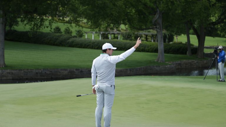 CHARLOTTE, NC - MAY 06:  Rory McIlroy of Northern Ireland waves to the crowd following an eagle on the seventh hole during the second round of the Wells Fa