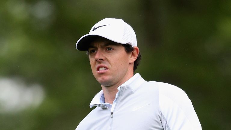 Rory McIlroy reacts to a shot on the 11th hole during the first round of the 2016 Wells Fargo Championship at Quail Hollow