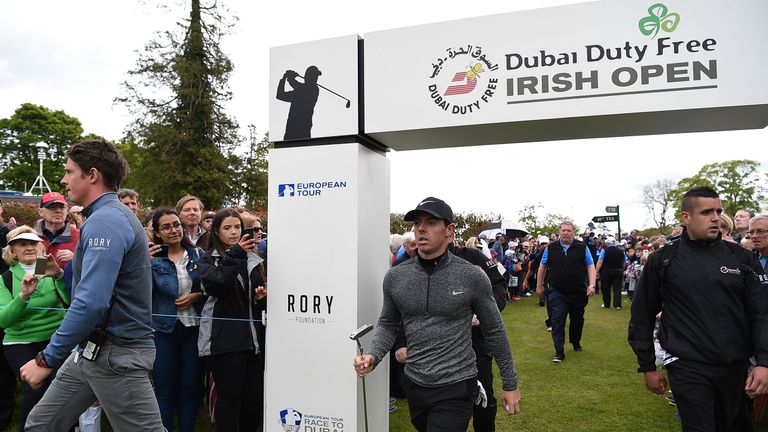 STRAFFAN, IRELAND - MAY 18:  Rory McIlroy of Northern Ireland walks to the 1st tee during a Pro-Am round prior to the start of the Dubai Duty Free Irish Op