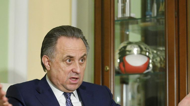 Russian Sports Minister Mutko gestures during interview with Reuters in Moscow