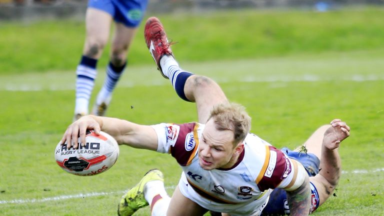 Dom Brambani scores a try for Batley against Featherstone in the last round