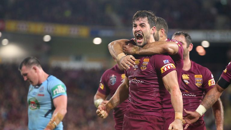 Aidan Guerra celebrates after scoring Queensland's eighth try in State of Origin III 2015