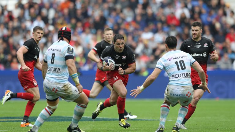 Brad Barritt of Saracens runs with the ball during the Champions Cup Final between Racing 92 and Saracens