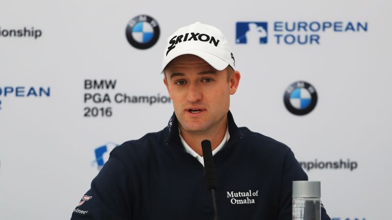 VIRGINIA WATER, ENGLAND - MAY 25:  Russell Knox of Scotland talks during a press conference prior to the BMW PGA Championship at Wentworth on May 25, 2016 