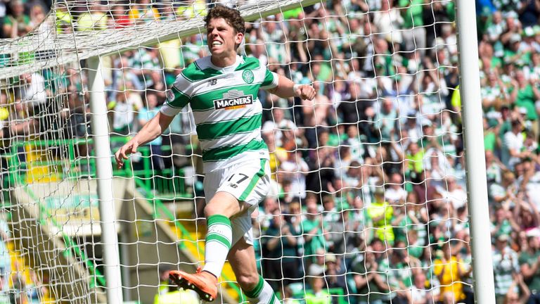 Ryan Christie celebrates his first goal for Celtic in the 7-0 win over Motherwell