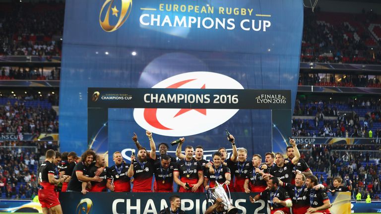 Saracens players celebrate after winning the Champions Cup Final match between Racing 92 and Saracens