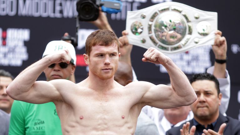 Mexican Saul 'Canelo' Alvarez poses during the weigh-in on May 6, 2016 in Las Vegas