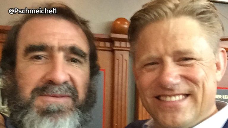Cantona and Peter Schmeichel catch up at Old Trafford