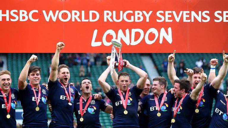 Scotland celebrate winning the World Rugby Sevens Series tournament at Twickenham