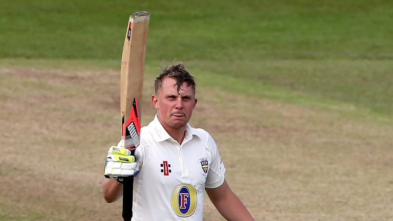 CHESTER-LE-STREET, ENGLAND - MAY 15:  Scott Borthwick of Durham reacts after reaching 100 during the Specsavers County Championship  Division One match bet