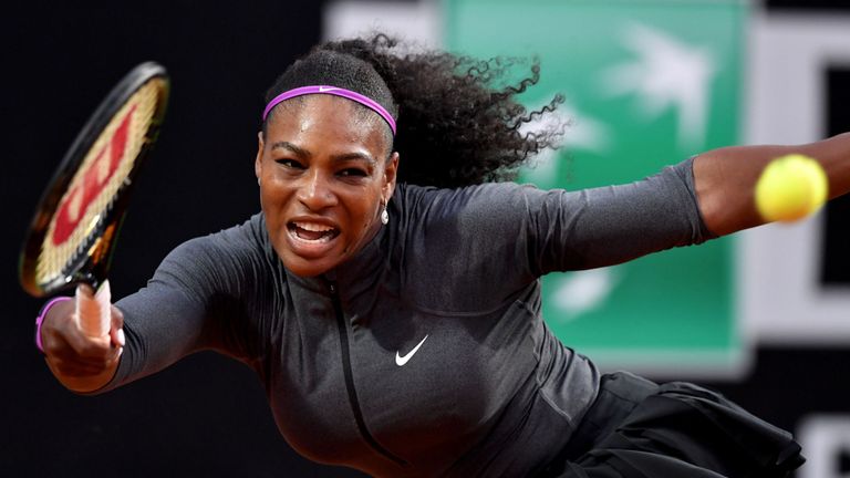 US tennis player Serena Williams returns the ball to Anna-Lena Friedsam of Germany during the WTA Tennis Open tournament at the Foro Italico on May 10, 201