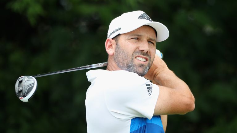 Sergio Garcia of Spain reacts to his shot from the fourth tee during the Final Round at AT&T Byron Nelson 