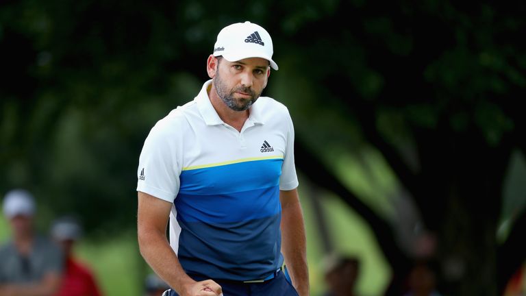 Sergio Garcia of Spain reacts after a putt on the eighth green during the Final Round at AT&T Byron Nelson 
