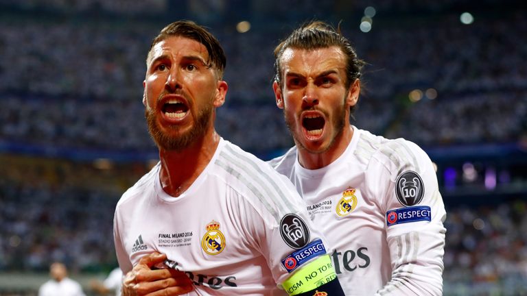 Sergio Ramos (L) of celebrates with Gareth Bale after scoring the opener for Real Madrid in the Champions League final