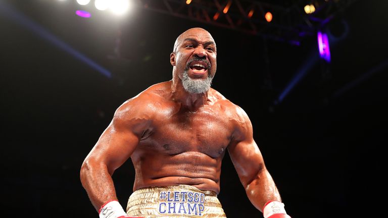 Shannon Briggs celebrates victory over Emilio Ezequiel Zarate