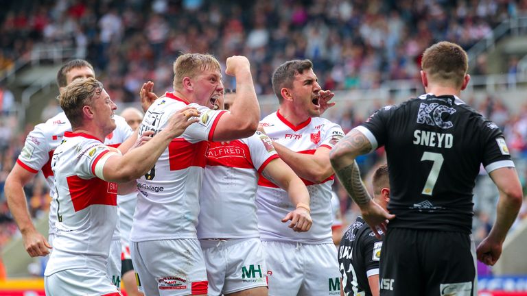 Hull KR players celebrate Shaun Lunt's try in the Magic Weekend derby