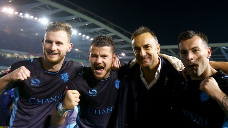 Sheffield Wednesday's Tom Lees, Daniel Pudil, manager Carlos Carvalhal and goalscorer Ross Wallace (left to right) celebrate
