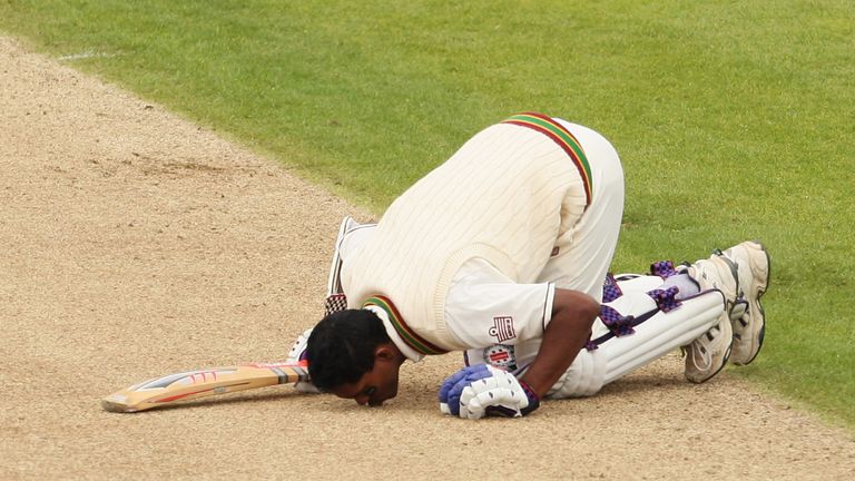 CHESTER-LE-STREET, UNITED KINGDOM - JUNE 17: Shivnarine Chanderpaul of the West Indies kisses the wicket after scoring a century during day three of the Fo