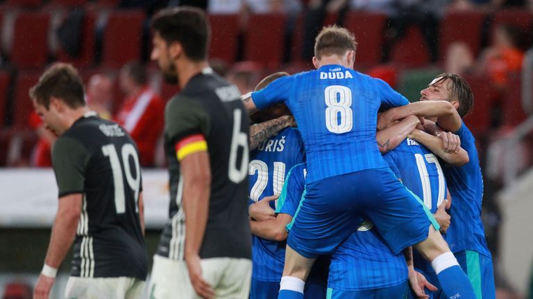 Slovakia celebrate a 3-1 friendly win over Germany 
